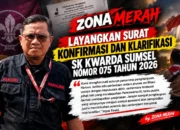 ZONA MERAH LAYANGKAN SURAT KONFIRMASI DAN KLARIFIKASI SK KWARDA SUMSEL NOMOR 075 TAHUN 2026